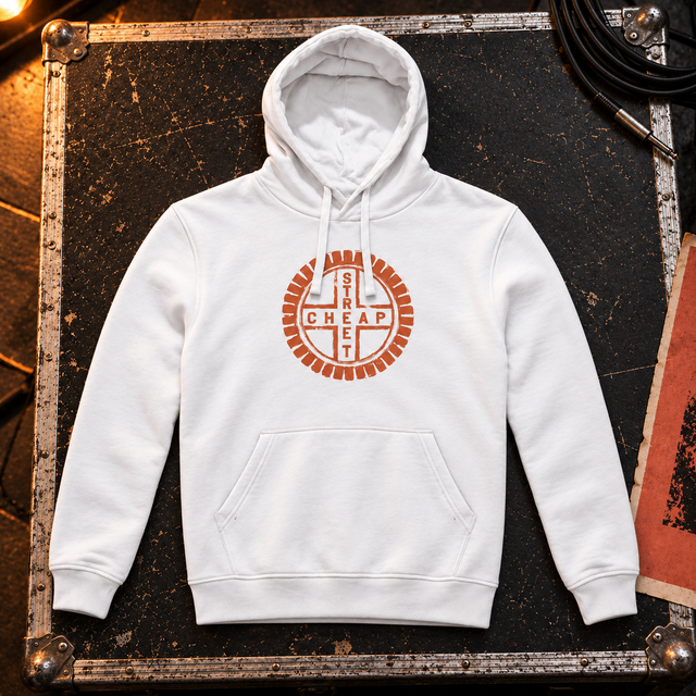 Cheap Street logo hoodie in white with the terracotta Cheap Street emblem on the chest, laid on a flight case
