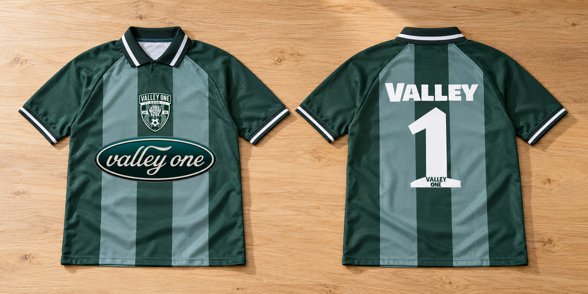 Front and back of the green striped Valley One football shirt laid on an oak table
