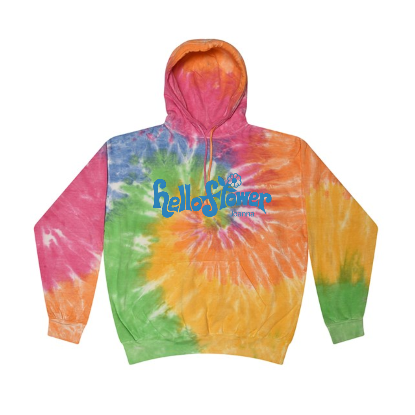 Joanna – “Hello Flower” Rainbow Tie-Dye Hoodie