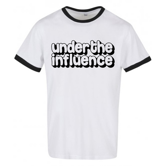 Under The Influence – White Ringer T-Shirt (Black Print)