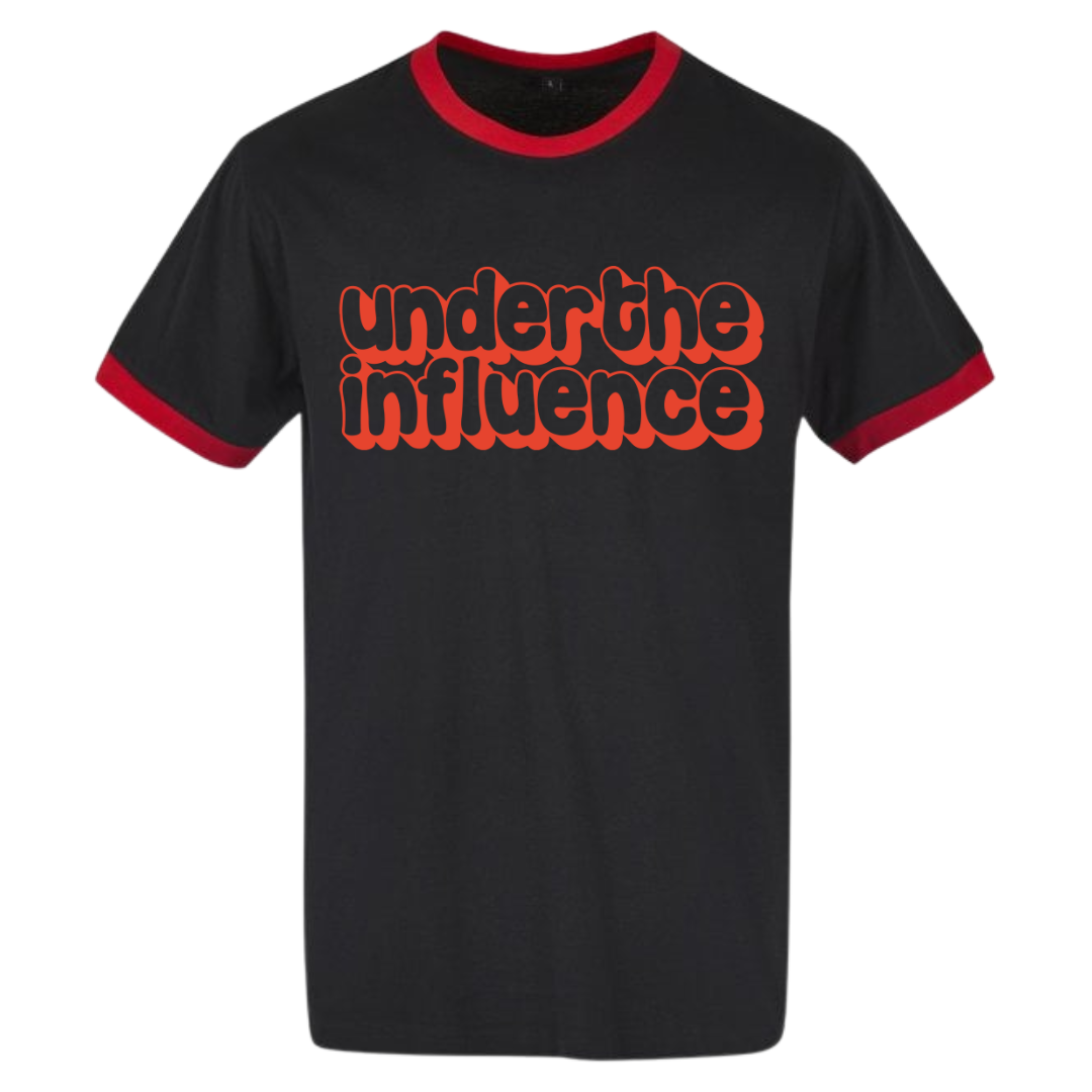 Under The Influence – Black Ringer T-Shirt (Red Print)
