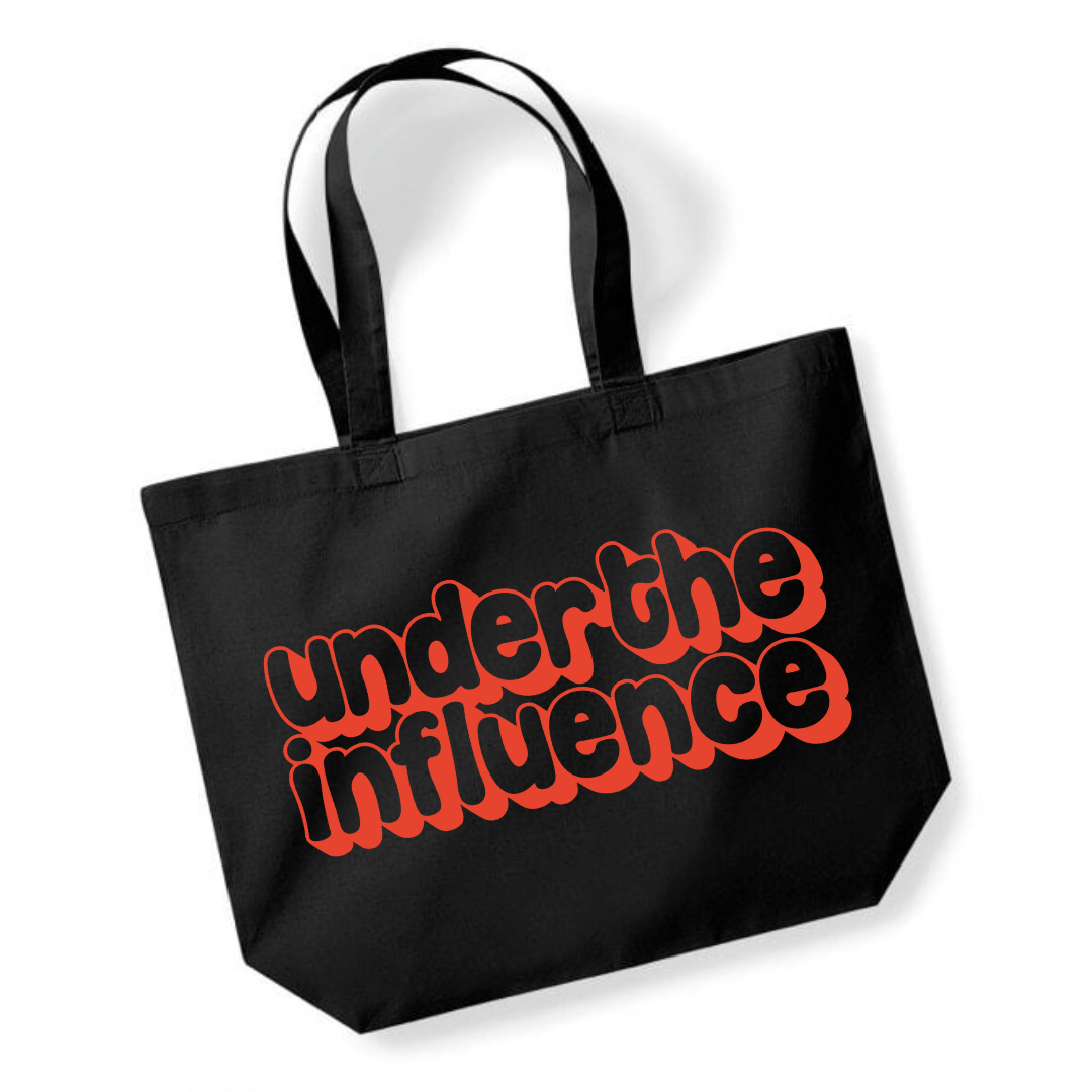 Under The Influence – Black Tote Bag (Red Print)