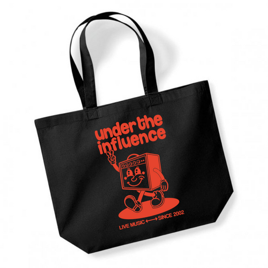 Under The Influence – Black Tote Bag (Mascot & Logo Red Print)