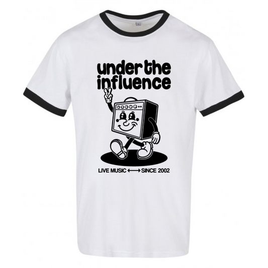Under The Influence – White Ringer T-Shirt (Mascot & Logo Black Print)