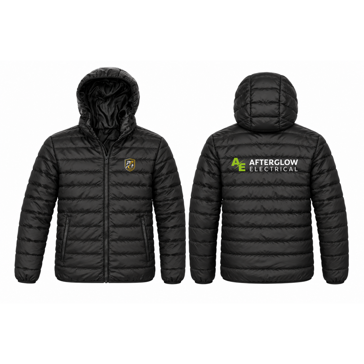 Prime Path Football Coaching adults' padded jacket in black with club crest on the chest and Afterglow Electrical logo on the back