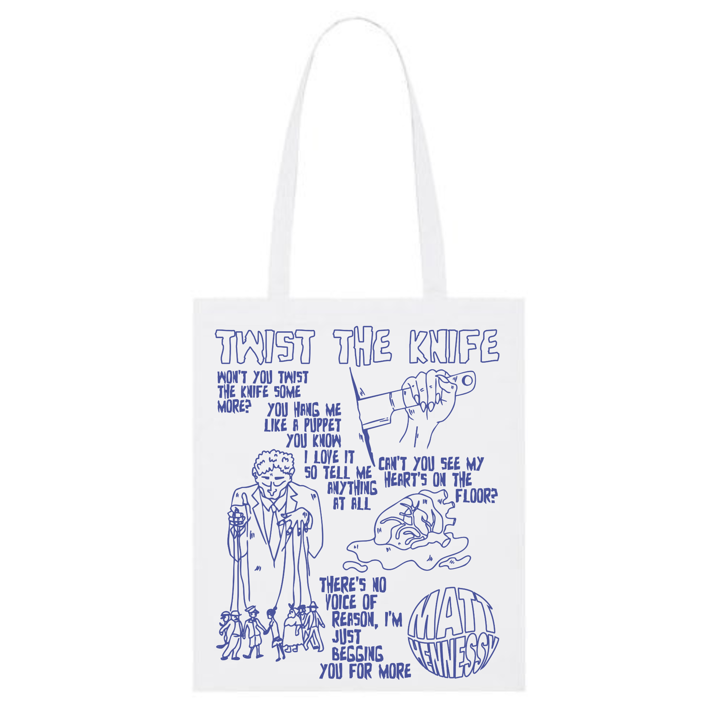 MATT HENNESSY – TWIST THE KNIFE TOTE BAG (BLACK / WHITE / WHITE-BLUE EDITION)