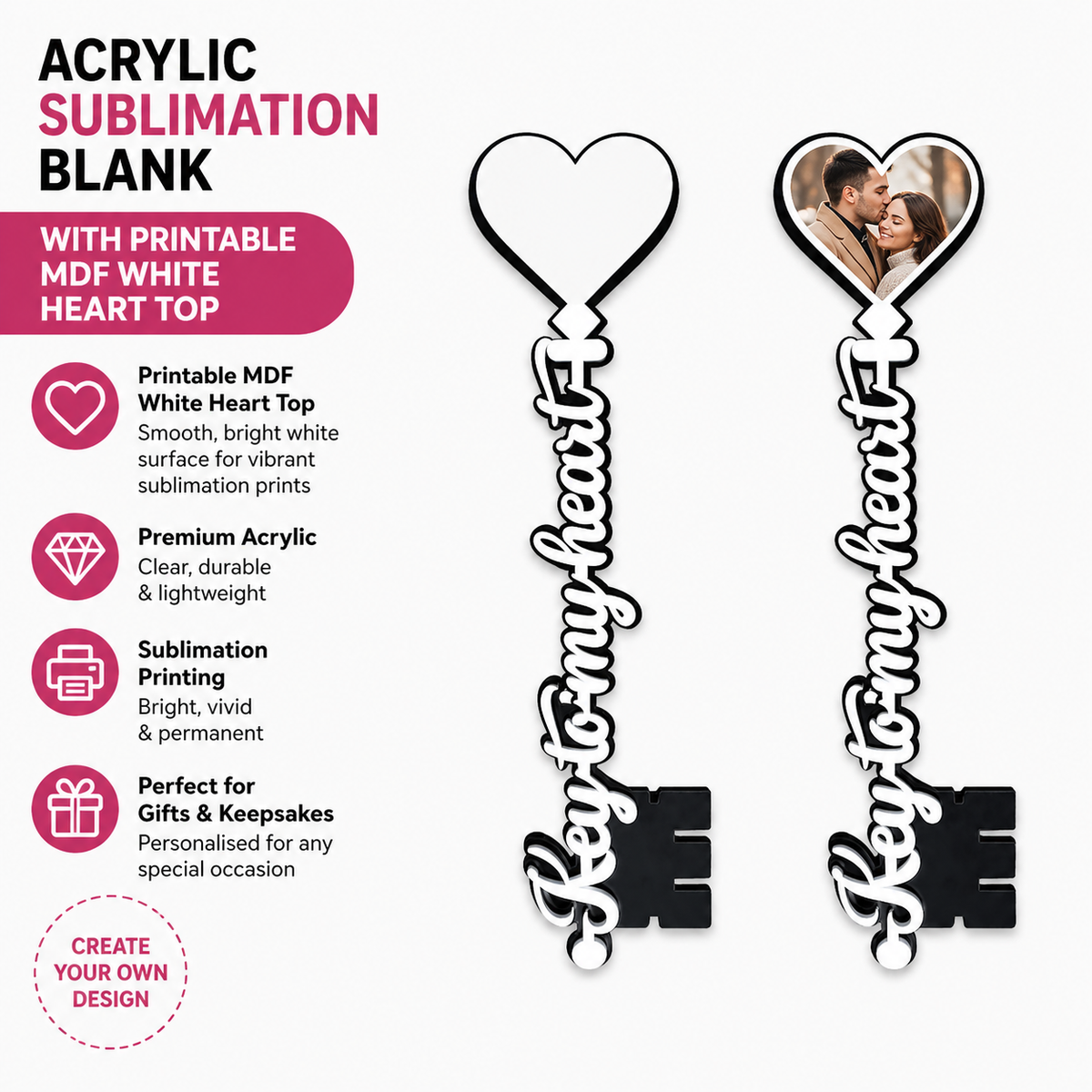 Acrylic Rose & Heart Keepsake - Heart - Key to my Heart
