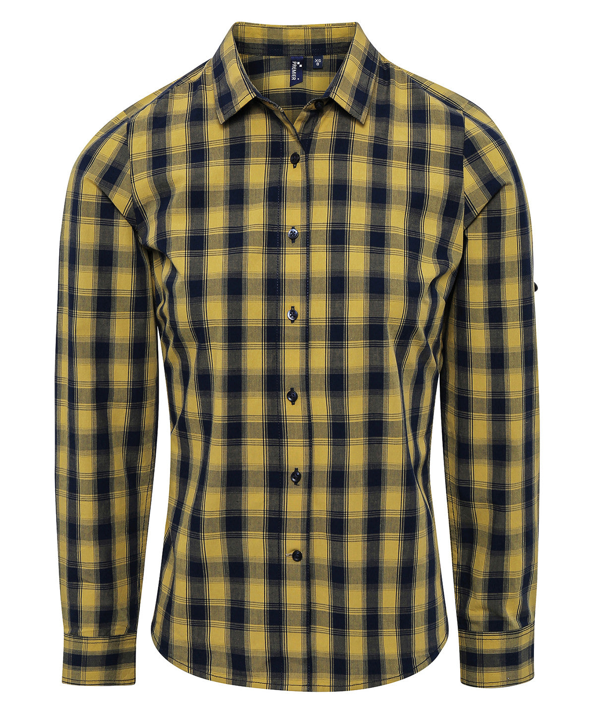 Premier Women's Mulligan Check Cotton Long Sleeve Shirt in Camel/Navy