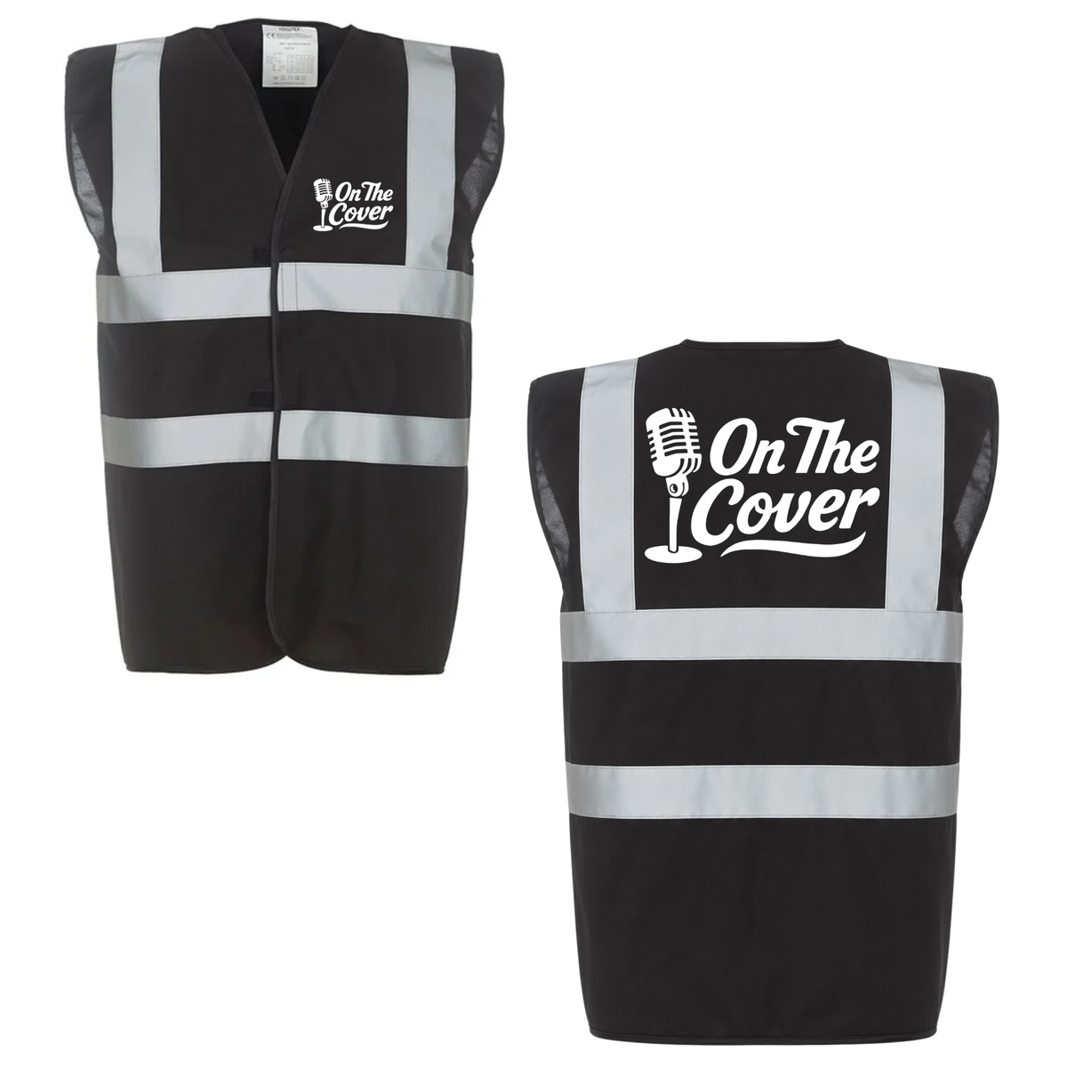 Black On The Cover hi-vis vest, front with a small white logo on the left chest and back with a large white logo