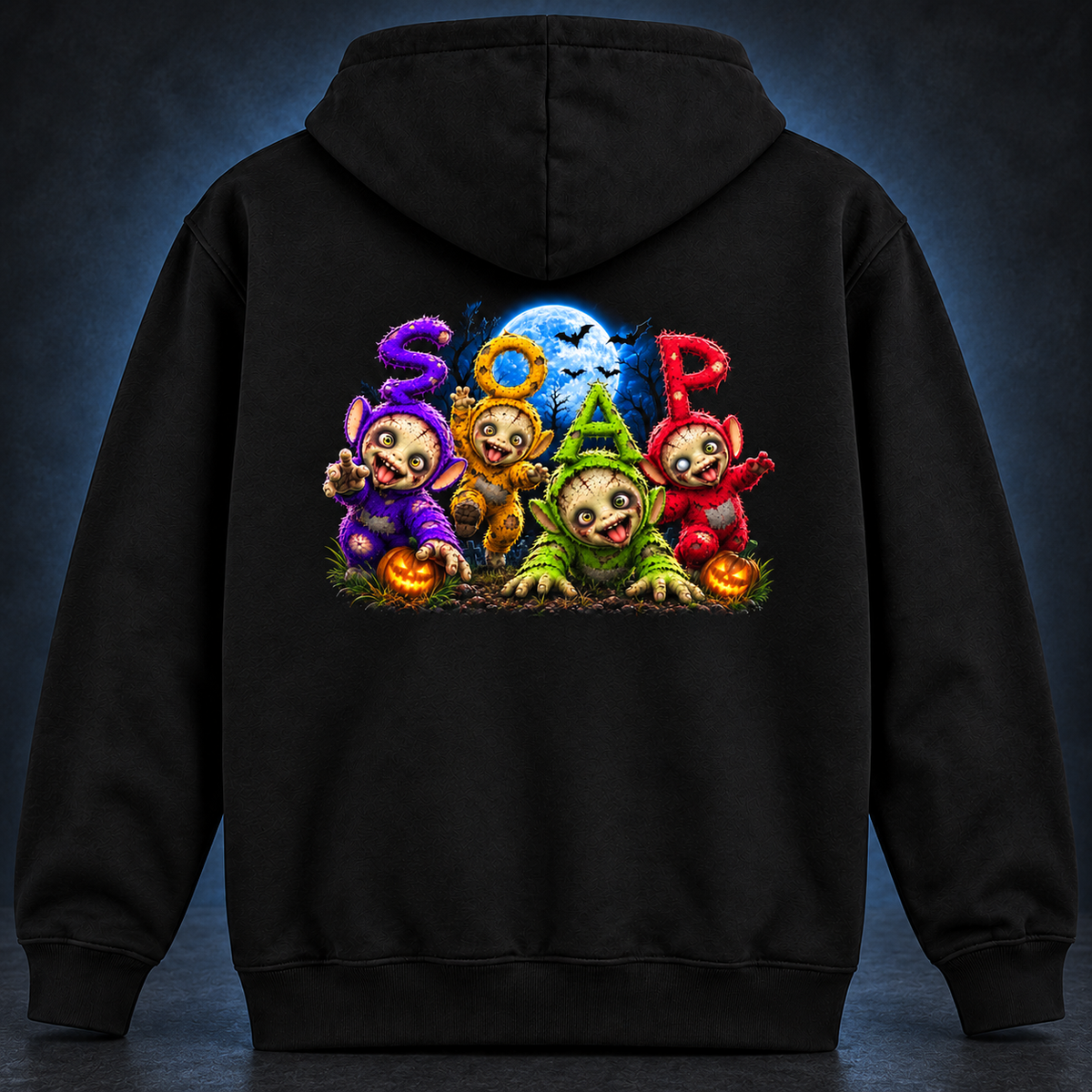 Back of the black SOAP After Dark hoodie with the Halloween artwork printed below the hood