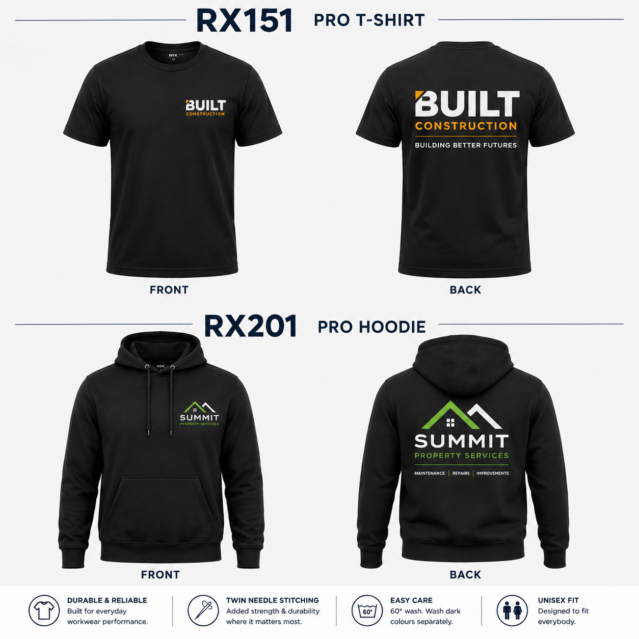Custom Workwear Bundle – 5 T shirts or Polos & 2 Hoodies