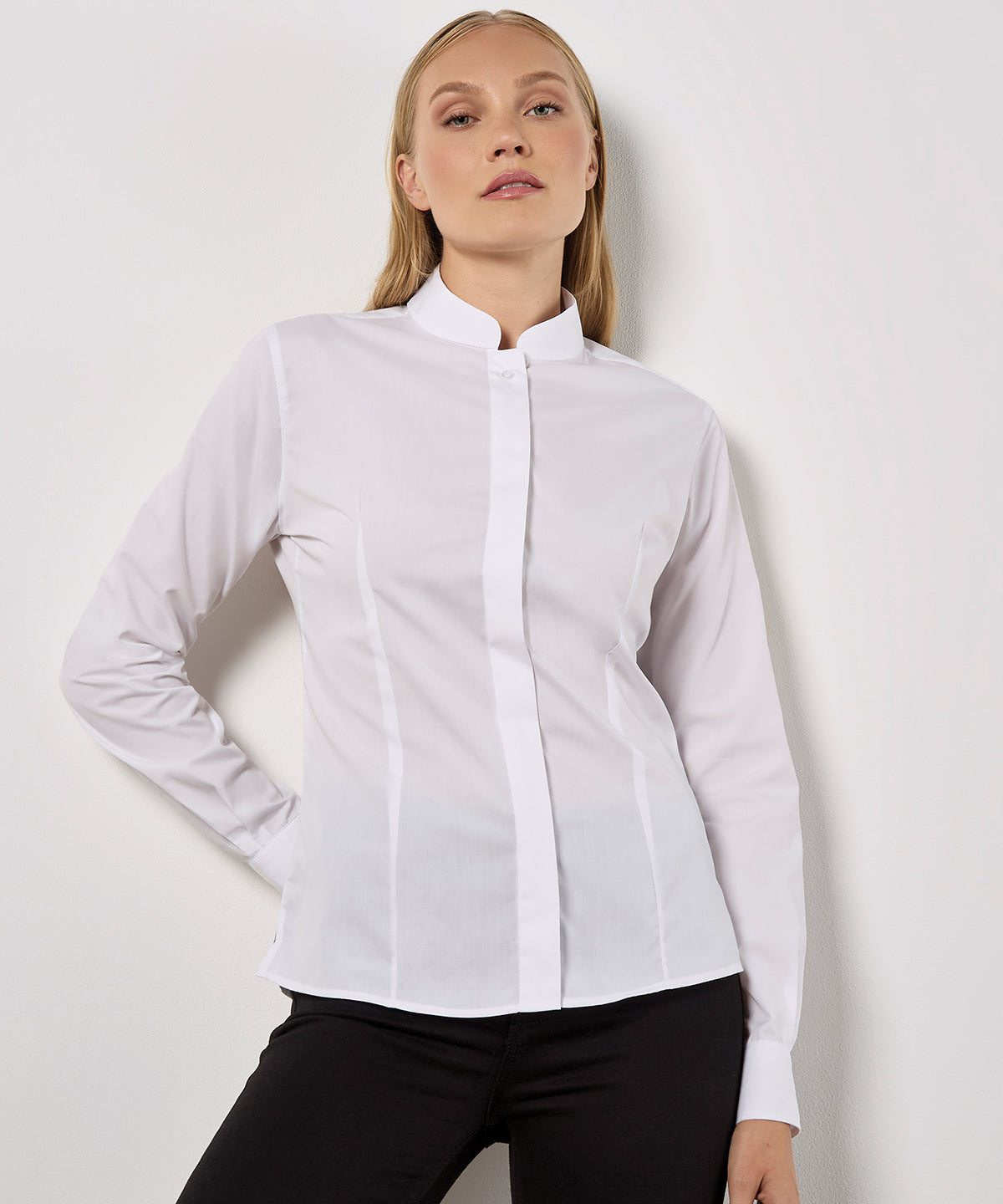 Kustom Kit Women's Mandarin Collar Shirt Long-Sleeved, ready to custom print with your logo or design