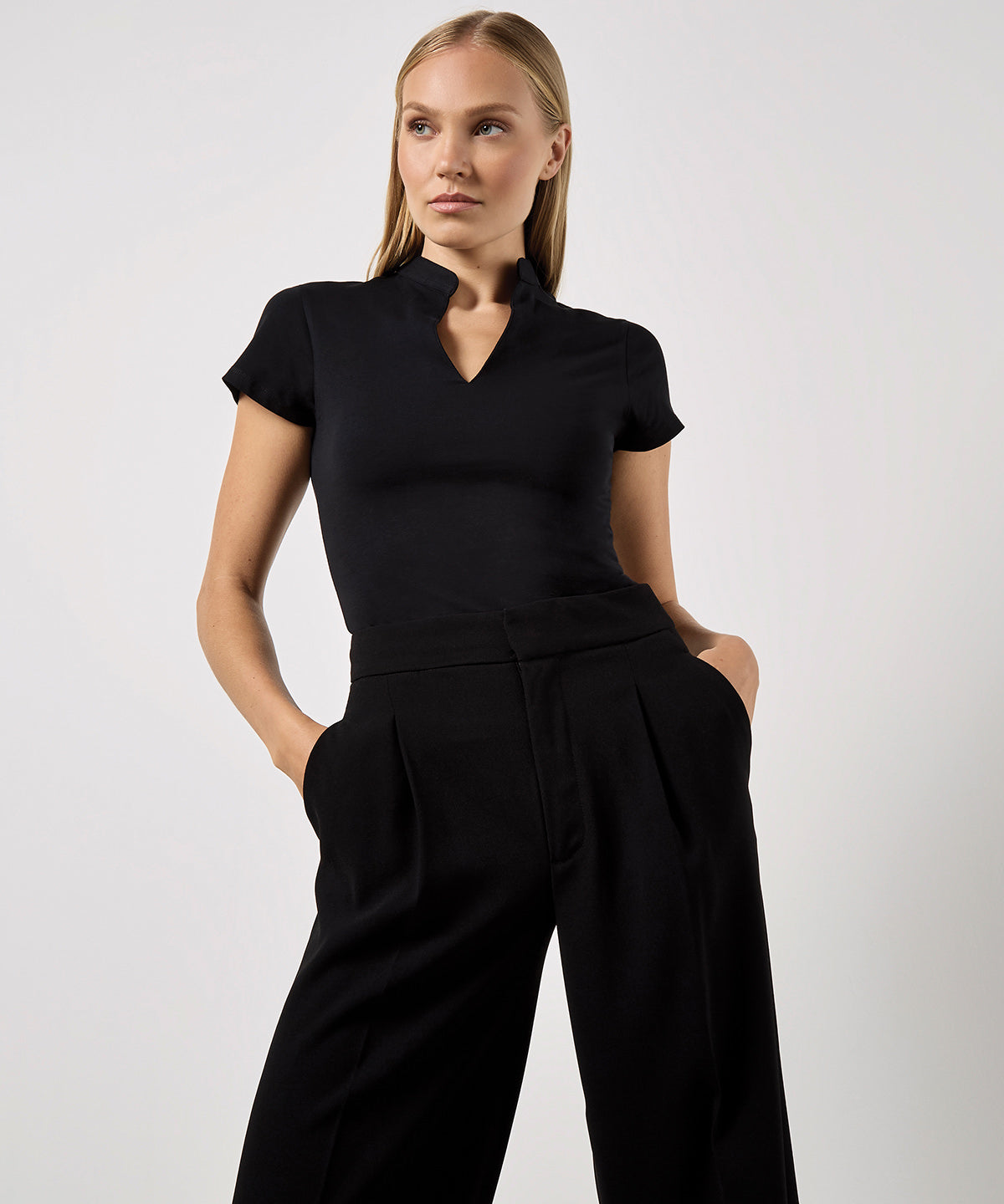 Kustom Kit Women's Corporate Short-Sleeved Top V-Neck Mandarin Collar, ready to custom print with your logo or design