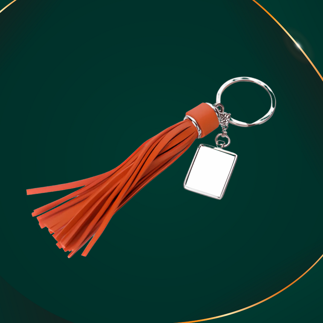 Customisable Keyring - Metal & PU key ring- Rectangle - Orange Long Tassel