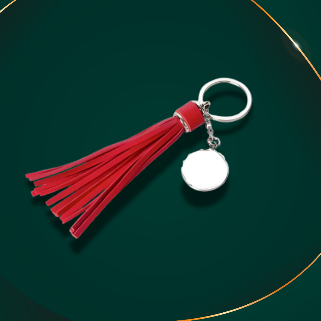 Customisable Keyring - Metal & PU key ring- Round - Red - Long Tassel