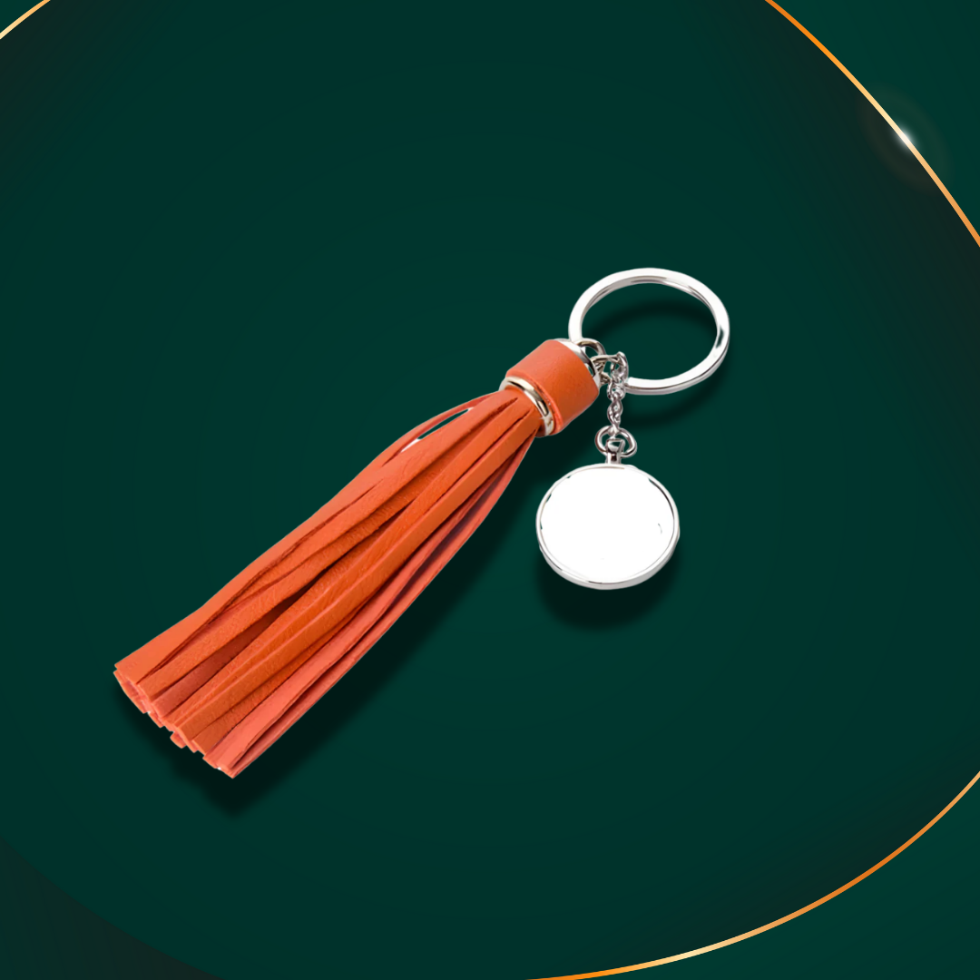 Customisable Keyring - Metal & PU key ring- Round - Orange - Long Tassel