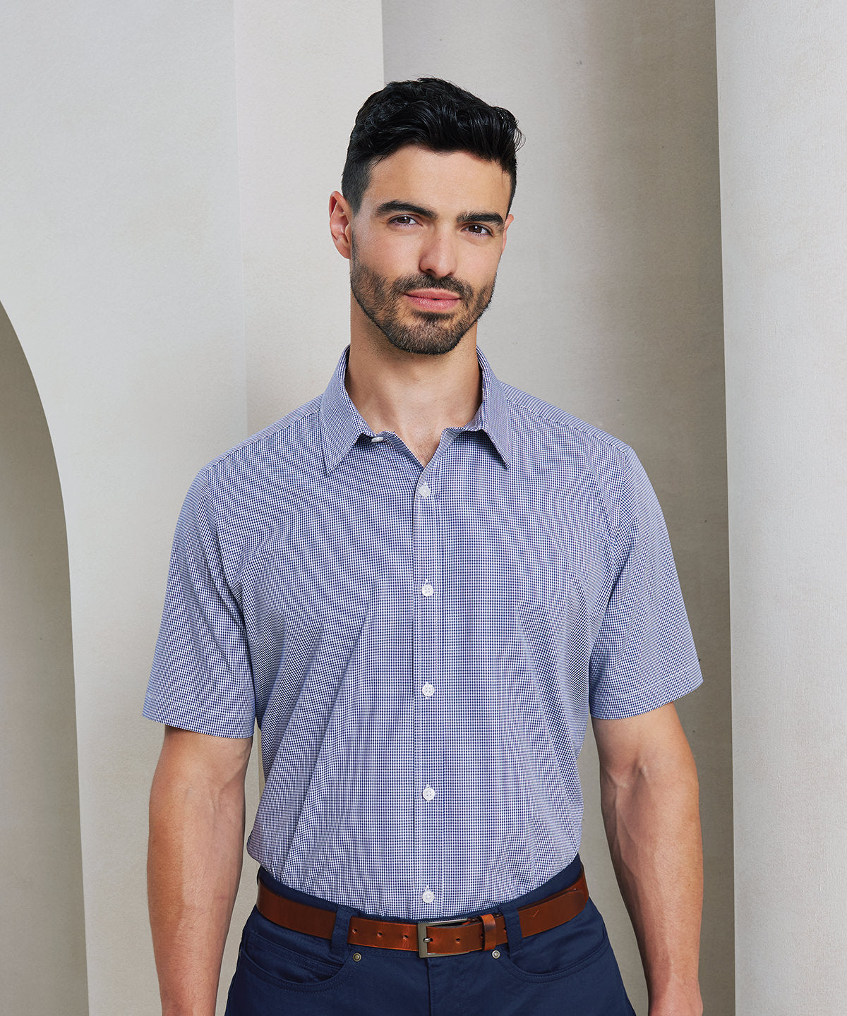 Premier Microcheck (Gingham) Short Sleeve Cotton Shirt, ready to custom print with your logo or design