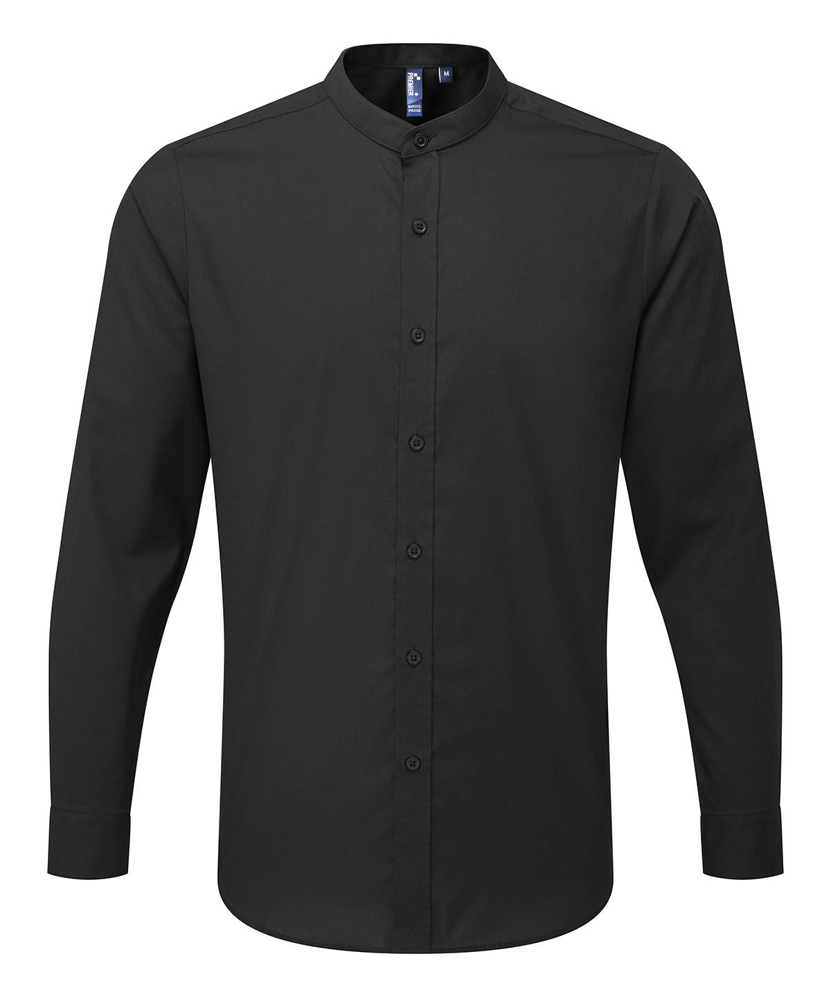 Premier Banded Collar Grandad Long Sleeve Shirt in Black, front view