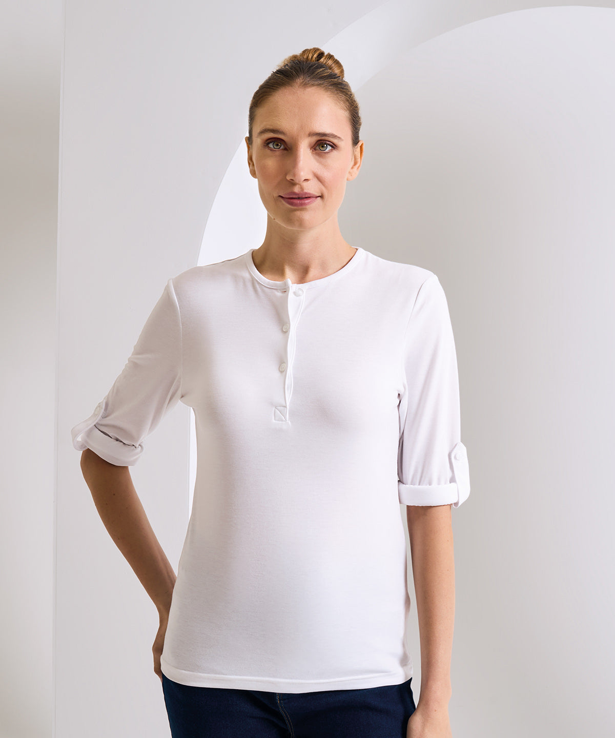 Premier Women's Long John Roll-Sleeve Tee, ready to custom print with your logo or design