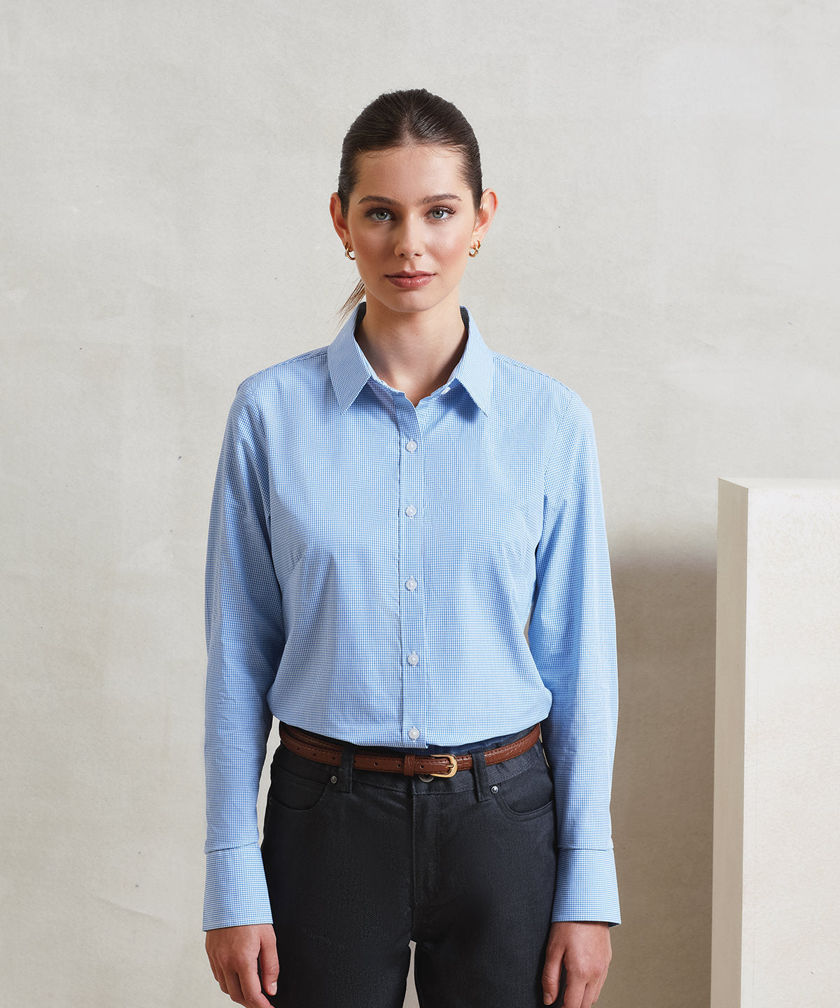 Premier Women's Microcheck (Gingham) Long Sleeve Cotton Shirt, ready to custom print with your logo or design