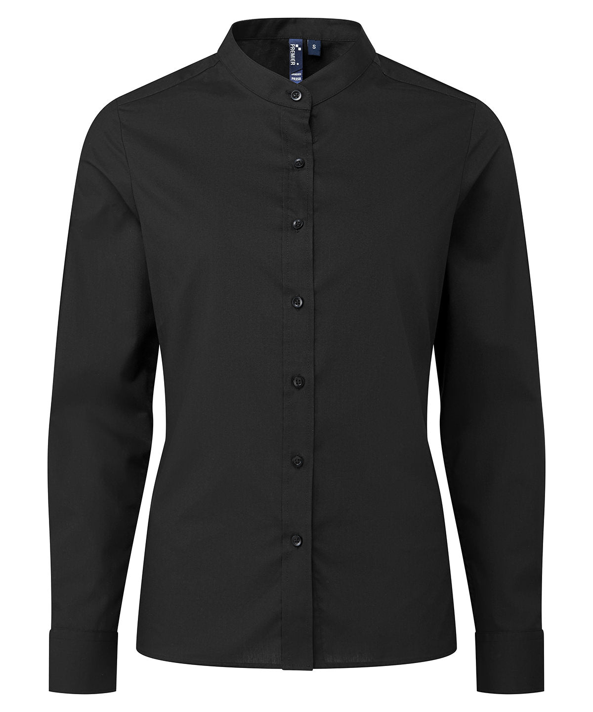 Premier Women's Banded Collar Grandad Shirt in Black, front view