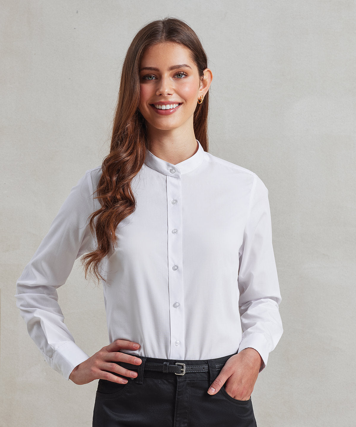 Premier Women's Banded Collar Grandad Shirt, ready to custom print with your logo or design