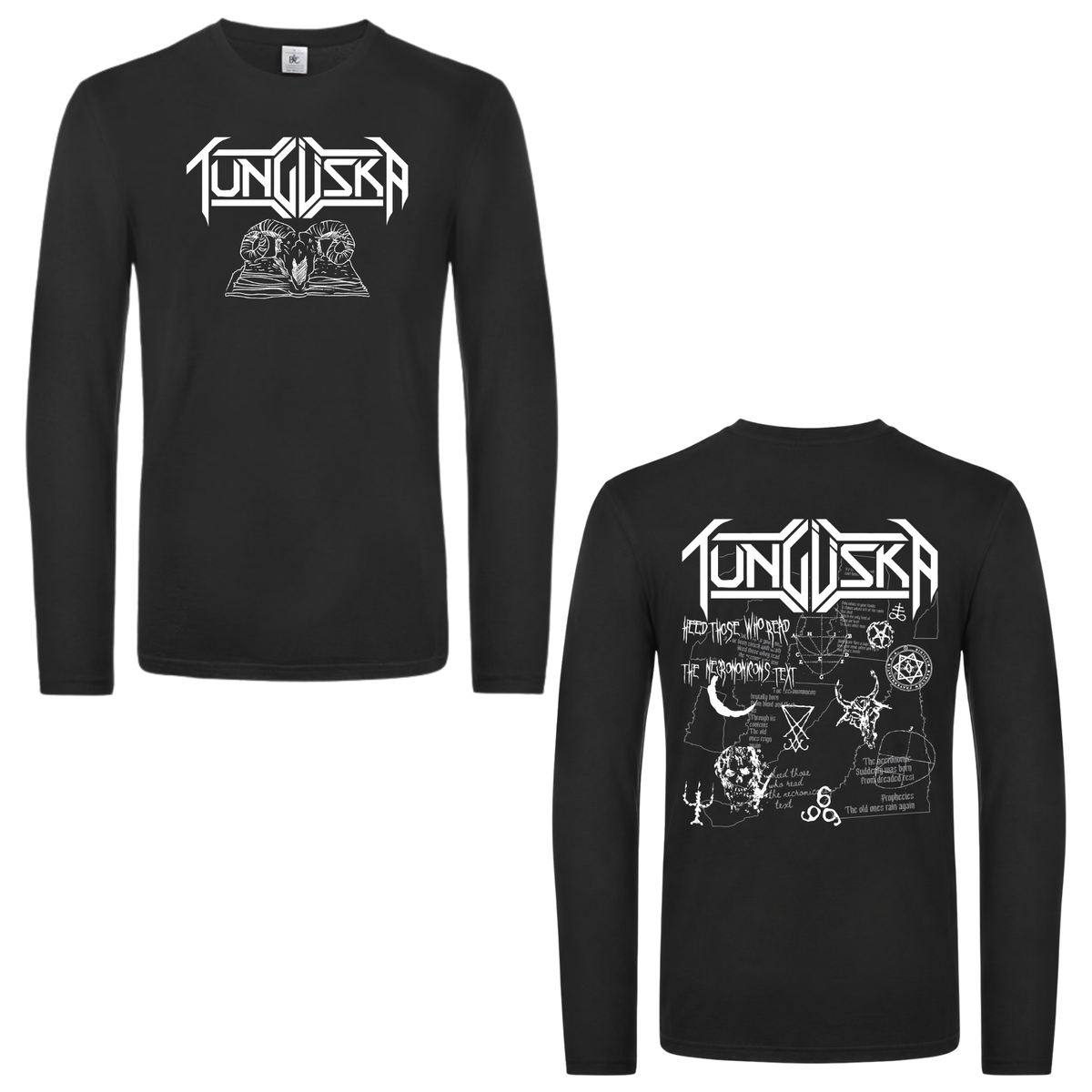 Tunguska Necronomicon long sleeve T-shirt in black, front and back: logo and ram skull on the chest, full Necronomicon print on the back