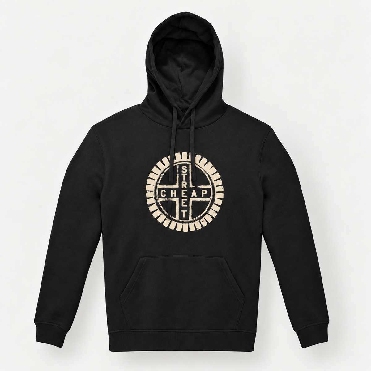 Cheap Street logo hoodie in black with the circular Cheap Street emblem in warm cream on the chest