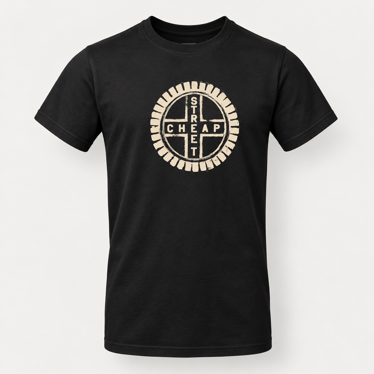 Cheap Street logo T-shirt in black with the circular Cheap Street emblem in warm cream on the chest