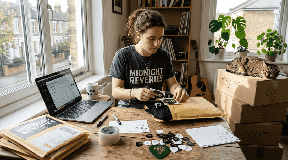 Independent artist packing merch at home workspace