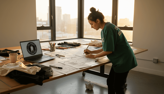 Designer creating merch sketches in bright office