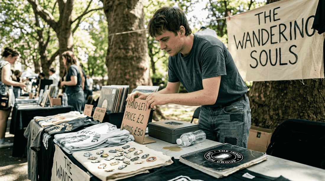 Indie musician selling merch at festival table