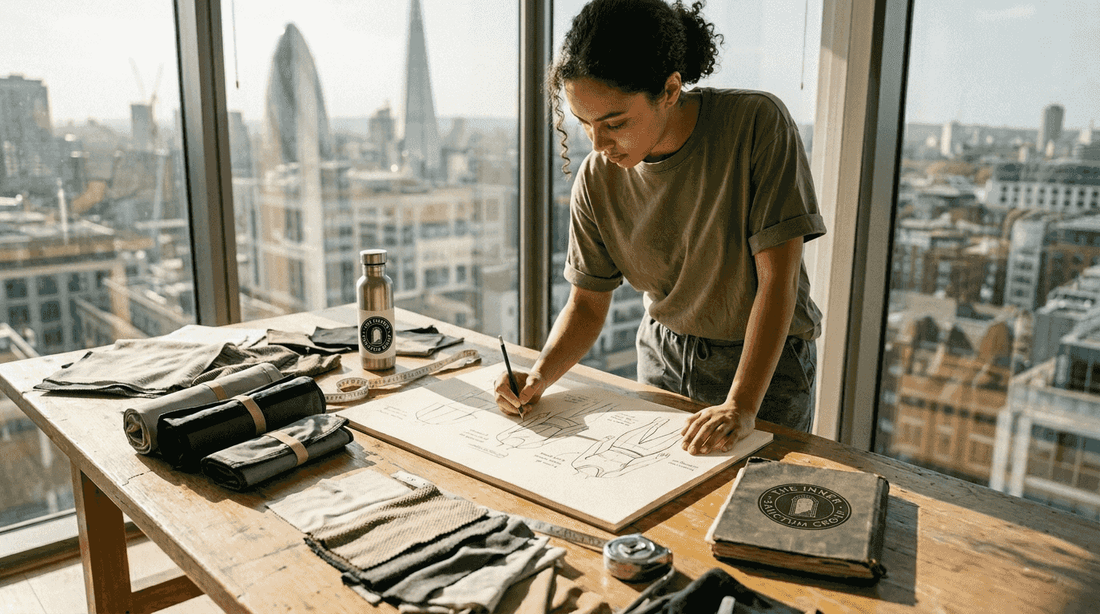 Designer sketching fitness merch in bright studio