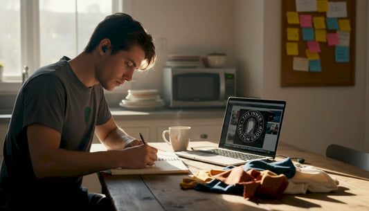 Indie creator designing merch at kitchen table