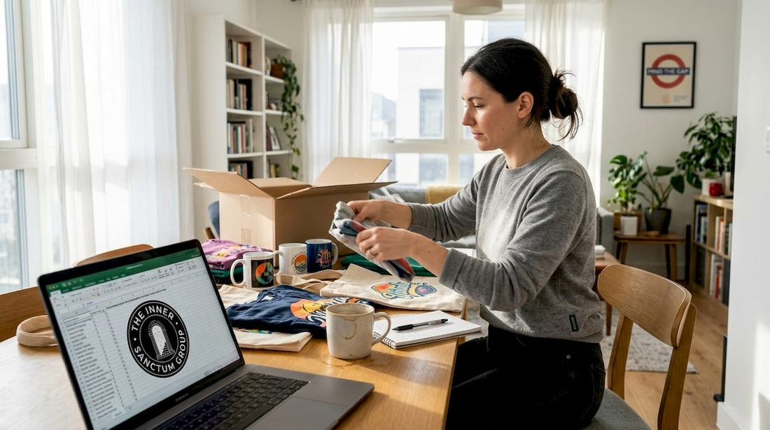 Unpacking event merchandise samples on table