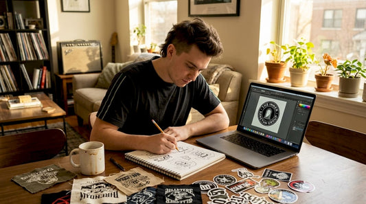 Musician sketching merch designs at home table