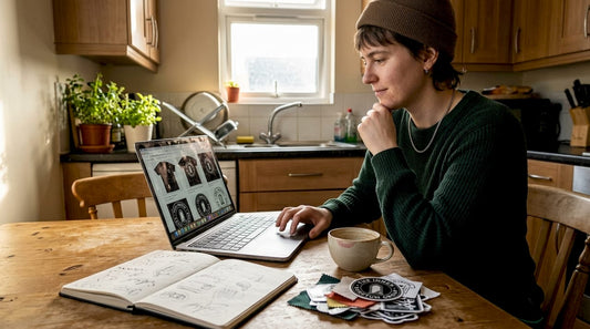Artist working on merch designs at kitchen table
