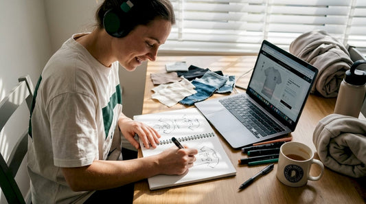 Creator sketches T-shirt designs in home workspace