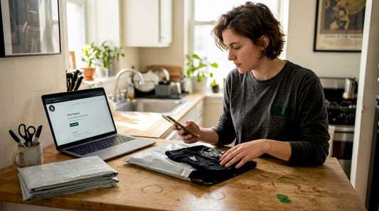 Artist packing merch orders at kitchen counter