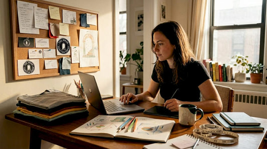 Creator designing merch at cluttered table