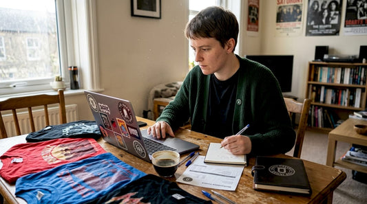 Band manager planning merchandise at table