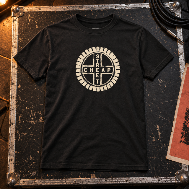 Cheap Street logo T-shirt in black with the warm cream Cheap Street emblem on the chest, laid on a flight case