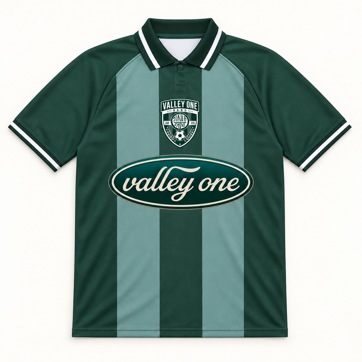 Front of Valley One green striped football shirt with crest and oval logo