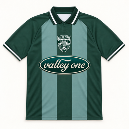 Front of Valley One green striped football shirt with crest and oval logo