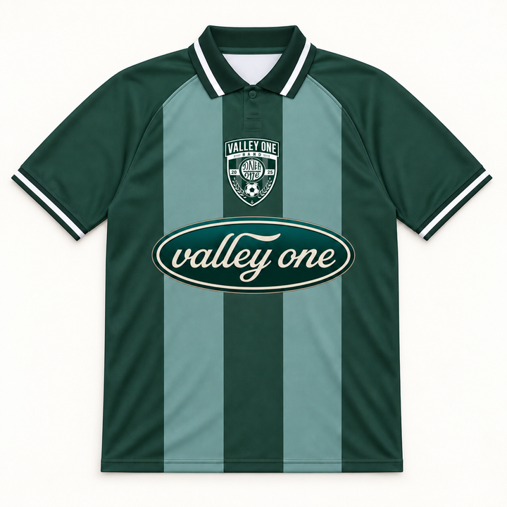 Front of Valley One green striped football shirt with crest and oval logo