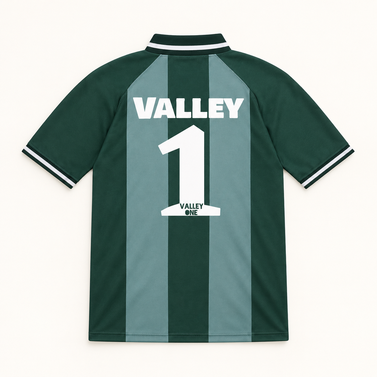 Back of Valley One green striped football shirt with VALLEY and number 1
