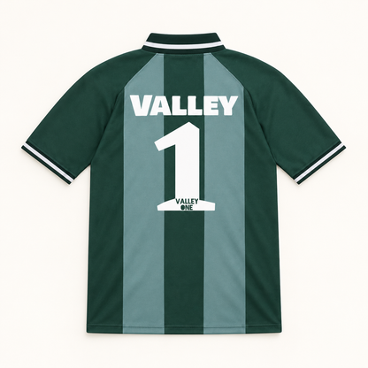 Back of Valley One green striped football shirt with VALLEY and number 1