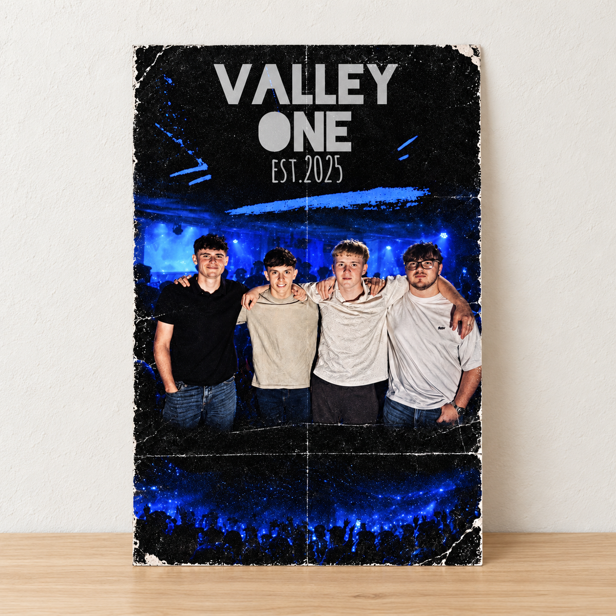 Valley One EST. 2025 poster in blue and black with four band members