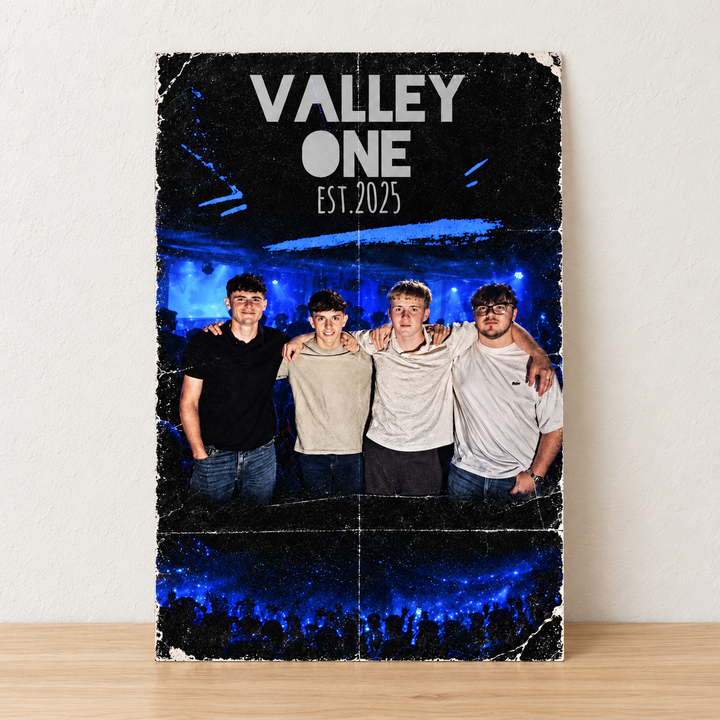 Valley One EST. 2025 poster in blue and black with four band members