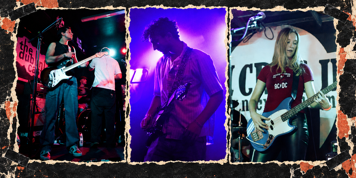 Three photos of Cheap Street on stage: a guitarist in a black vest top under pink light, a curly-haired guitarist lit in purple, and the bassist playing a blue bass guitar